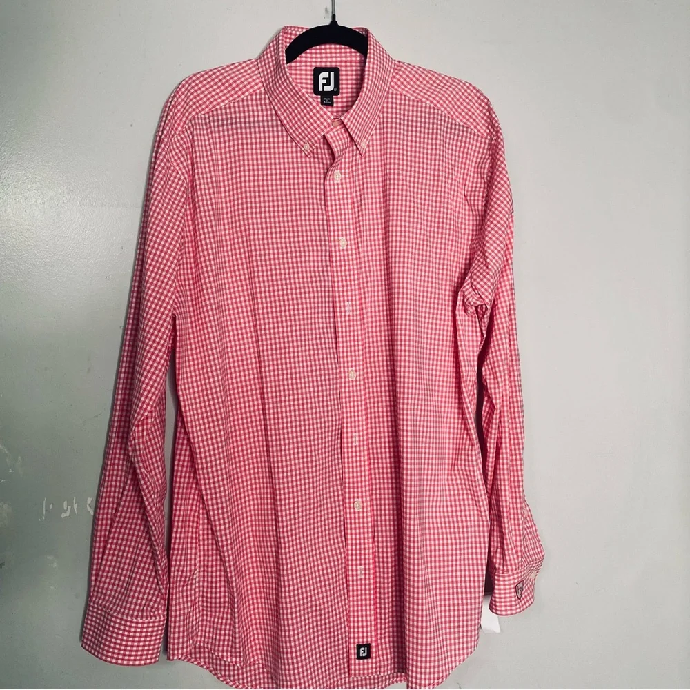 FootJoy Shirt Men Large Pink White Check Button Up Casual Preppy Dadcore Classic - Picture 2 of 8